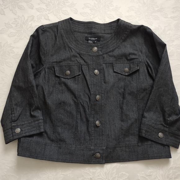 Sandro black denim jacket silvertone metallic crest buttons